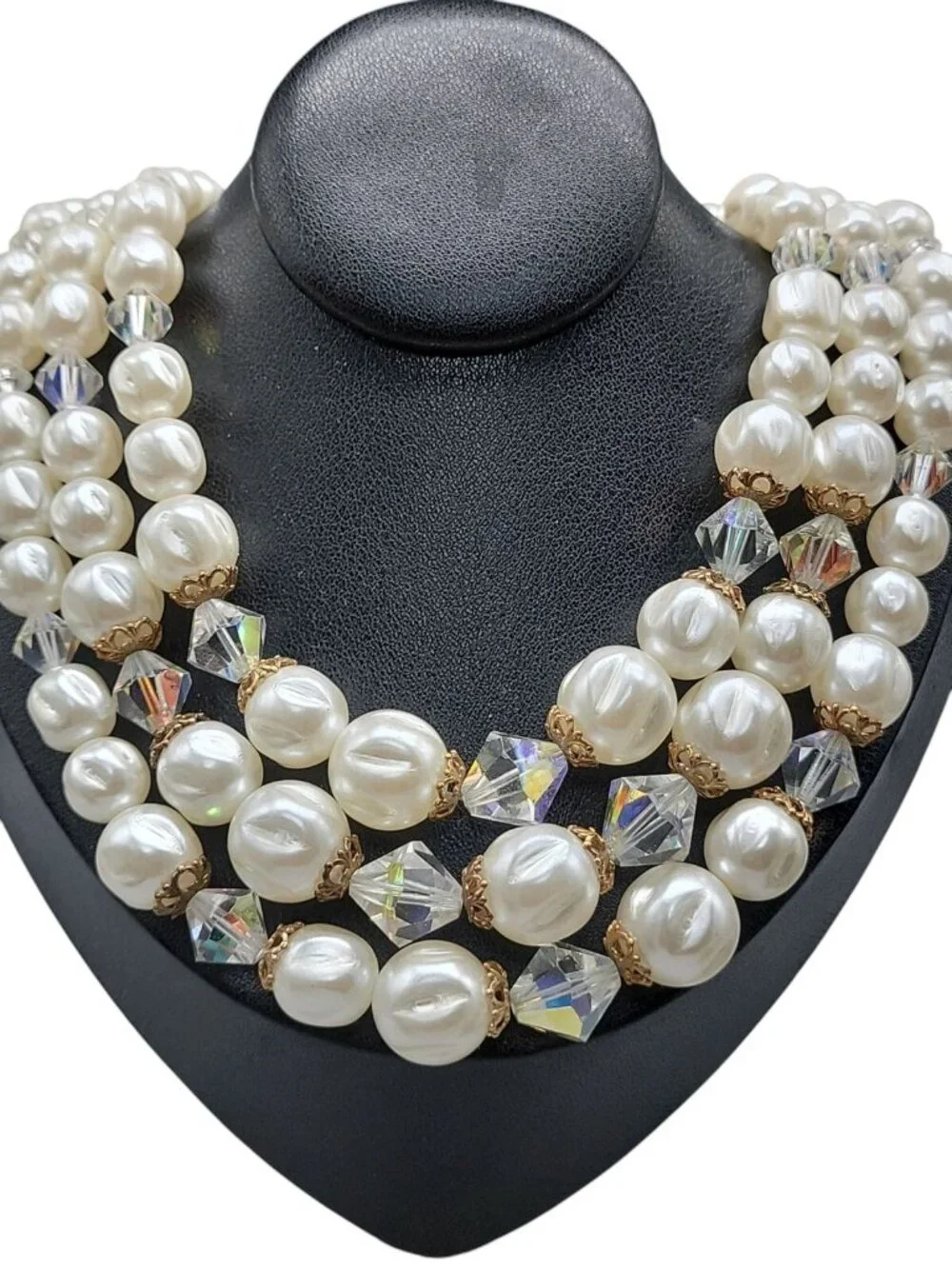 Faux Pearl Choker Multistrand Necklace Aurora Borealis Prism Spacers 16
